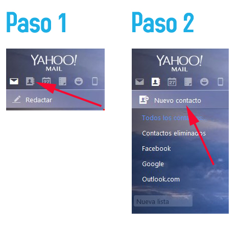 Paso 1 y 2 para agregar contactos a Yahoo