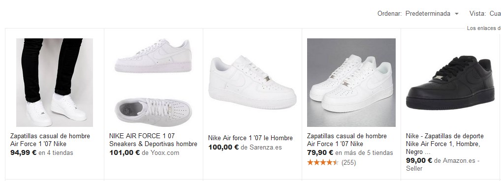 Captura de pantalla de Google Shopping de zapatillas Nike Air Force para hombre