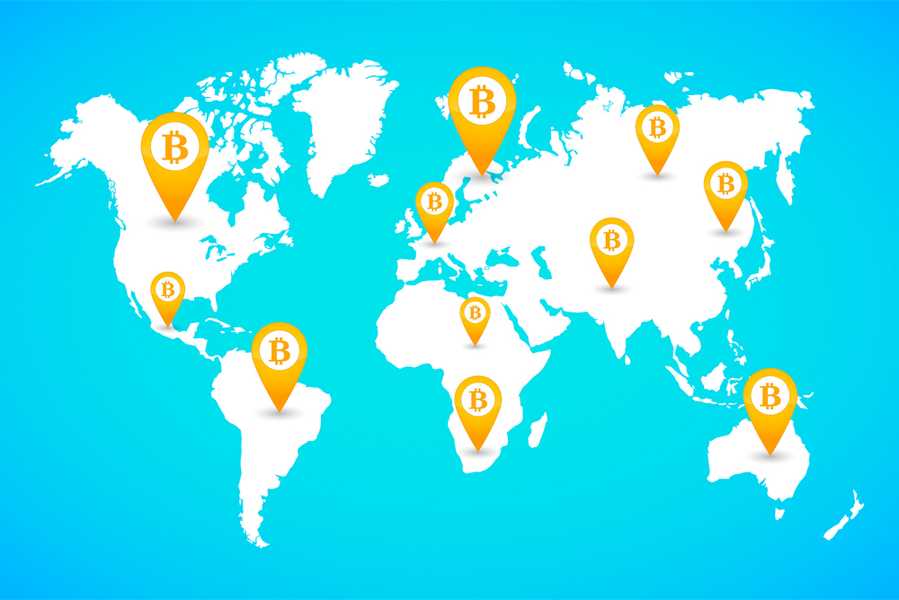mapa del mundo con logos de Bitcoin