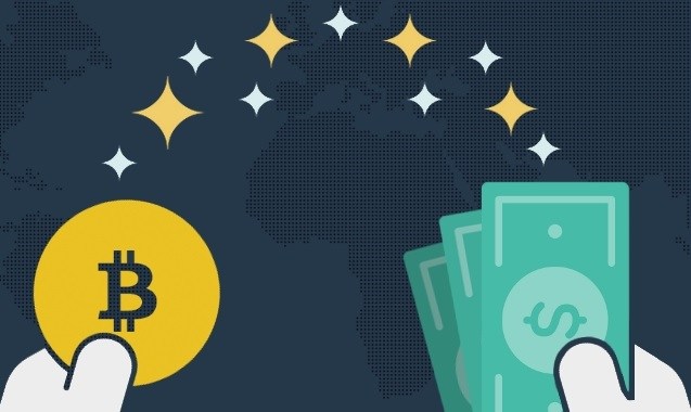 ilustración de moneda de Bitcoin y billeste de dolar.