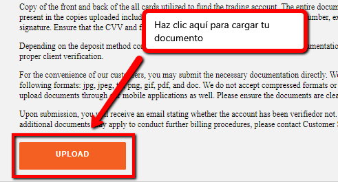 Botón de cargar documento de Tradear.com.
