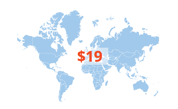Mapa del mundo con el número 19 en dólares